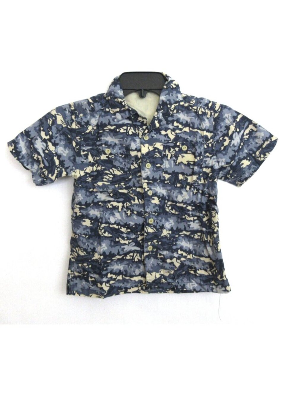 OshKosh Shirt Boys Sz 5 Button-Up Short Sleeve Shirt Blue Camo Collared Vintage